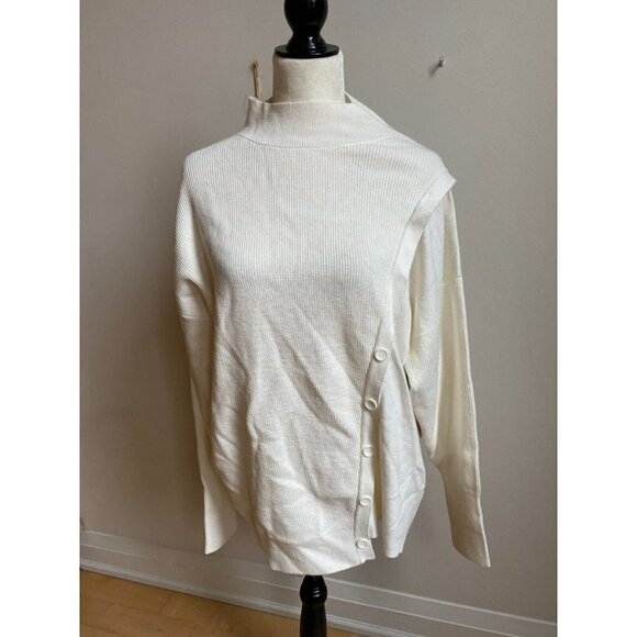 𝅺halogen BNWT sz Large womens Ivory ribbed sweater NEW mock neck button detail - Picture 2 of 9